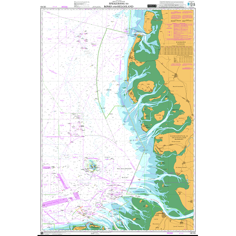 Admiralty Chart DE103: Spiekeroog to Romo and Helgoland by Admiralty provides detailed German maritime info, including water depths, routes, sandbanks, and tidal channels for safe navigation and commercial shipping.