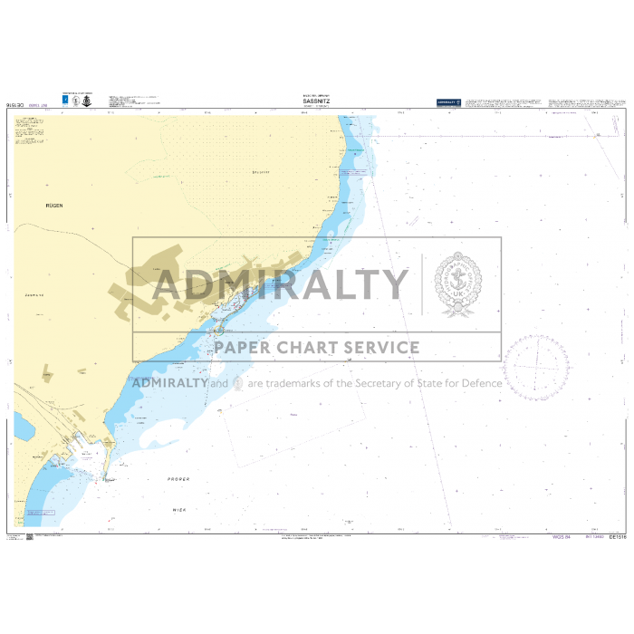 Admiralty Chart DE1516: Sassnitz offers detailed coverage of coastal features, depths, and navigation markers for safe sailing. The chart displays Admiralty’s official watermark and logos for authenticity.