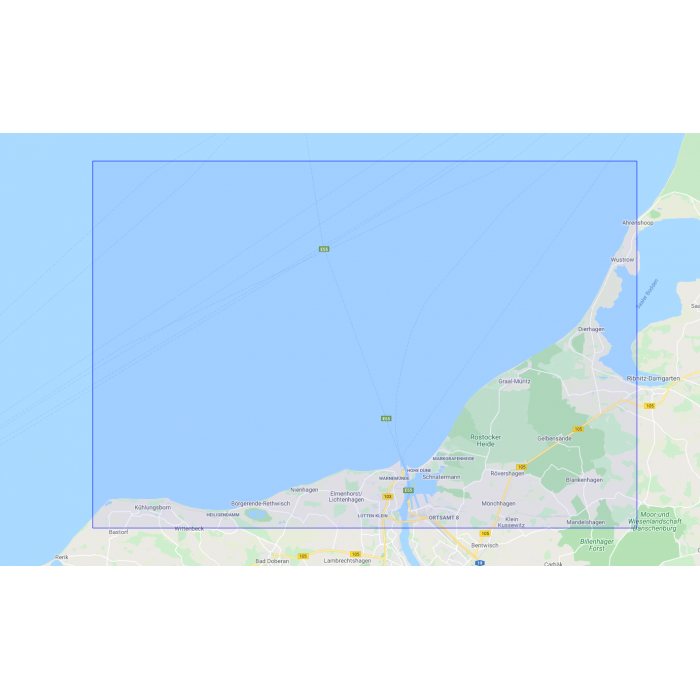 Admiralty Chart DE1671 by Admiralty is a navigation map of the approaches to Rostock and Kadetrinne/Kadetrenden, detailing coastlines, towns, roads, green areas, and waterways near Germany’s Baltic Sea region.