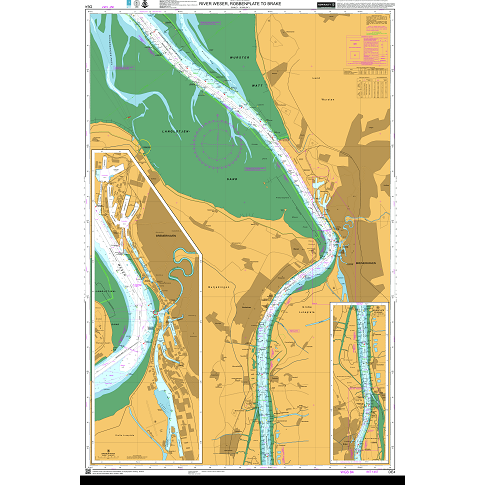 Admiralty Chart DE4: River Weser, Robbenplate to Brake by Admiralty, shows commercial shipping routes, detailed water depths, safe navigation tips, land in brown, waterways in blue, and inset maps for key sections.