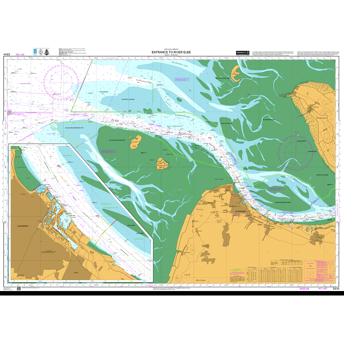 Admiralty Chart DE44: Entrance to River Elbe by Admiralty displays water depths, navigation channels, shipping routes, sandbanks, coastal areas, and aids to navigation; features clear legends and precise coordinates.