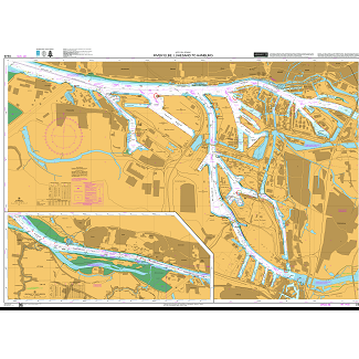 Admiralty Chart DE48: River Elbe, Luhesand to Hamburg by Admiralty shows detailed waterways, land features, depth marks, safe navigation markers, shipping routes in an urban area, and an inset map of a specific river section at the bottom left.