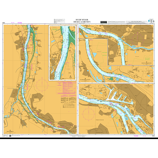 Admiralty Chart DE5: River Weser - Brake to Bremen displays navigation routes, depths, and land features in color. Insets provide detailed views for easier navigation between Brake and Bremen. Brand: Admiralty.