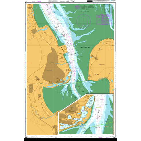 Admiralty Chart DE7: River Jade, Inner Part by Admiralty displays water depths, navigation channels, and landmarks for safe sailing. Includes an inset of the port area with docks and infrastructure in compliance with SOLAS regulations.