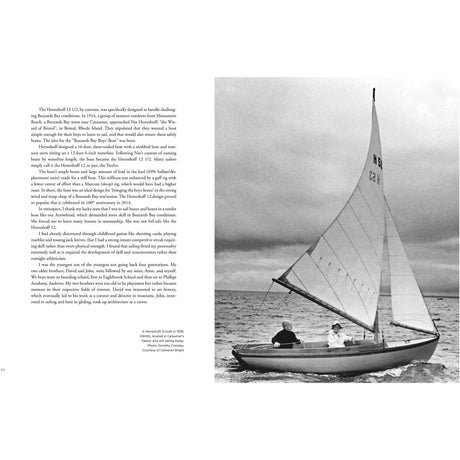 A black and white photo depicts a small sailboat, embodying Dick Carter's yacht design expertise. Two people are onboard, one adjusting the sail, preparing for offshore racing. The number "H9" contrasts with the calm scene and cloudy sky. Text on the left complements the image. Fernhurst Books.