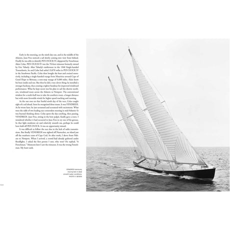 A vintage black and white photo depicting a three-masted sailboat with full sails on water, accompanied by text about early mornings on the VENCEJO, showcasing its sailor elegance in offshore racing. From "Dick Carter: Yacht Designer" by Fernhurst Books.