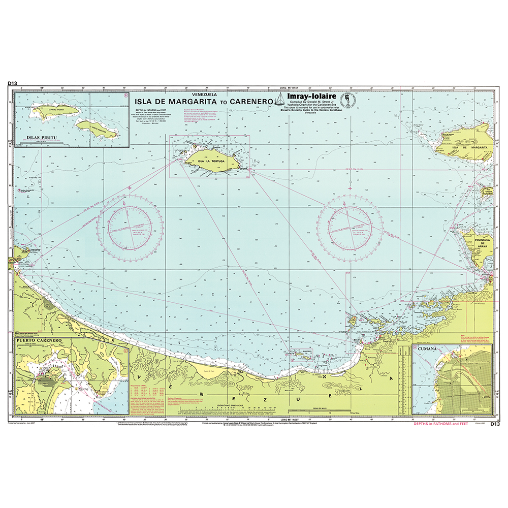 Imray Chart D13: Isla de Margarita to Carenero by Imray is a waterproof nautical chart with detailed topography, water depths, ports, and navigation routes—perfect for precise Eastern Caribbean navigation. All labels are in Spanish.