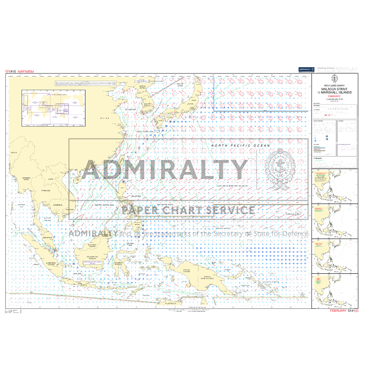 Admiralty Routeing Chart 5141(2): Malacca Strait to Marshall Islands - February by Admiralty details ocean navigation, islands, shipping routes, depths, with bold "ADMIRALTY PAPER CHART SERVICE" and insets/legends on the right.