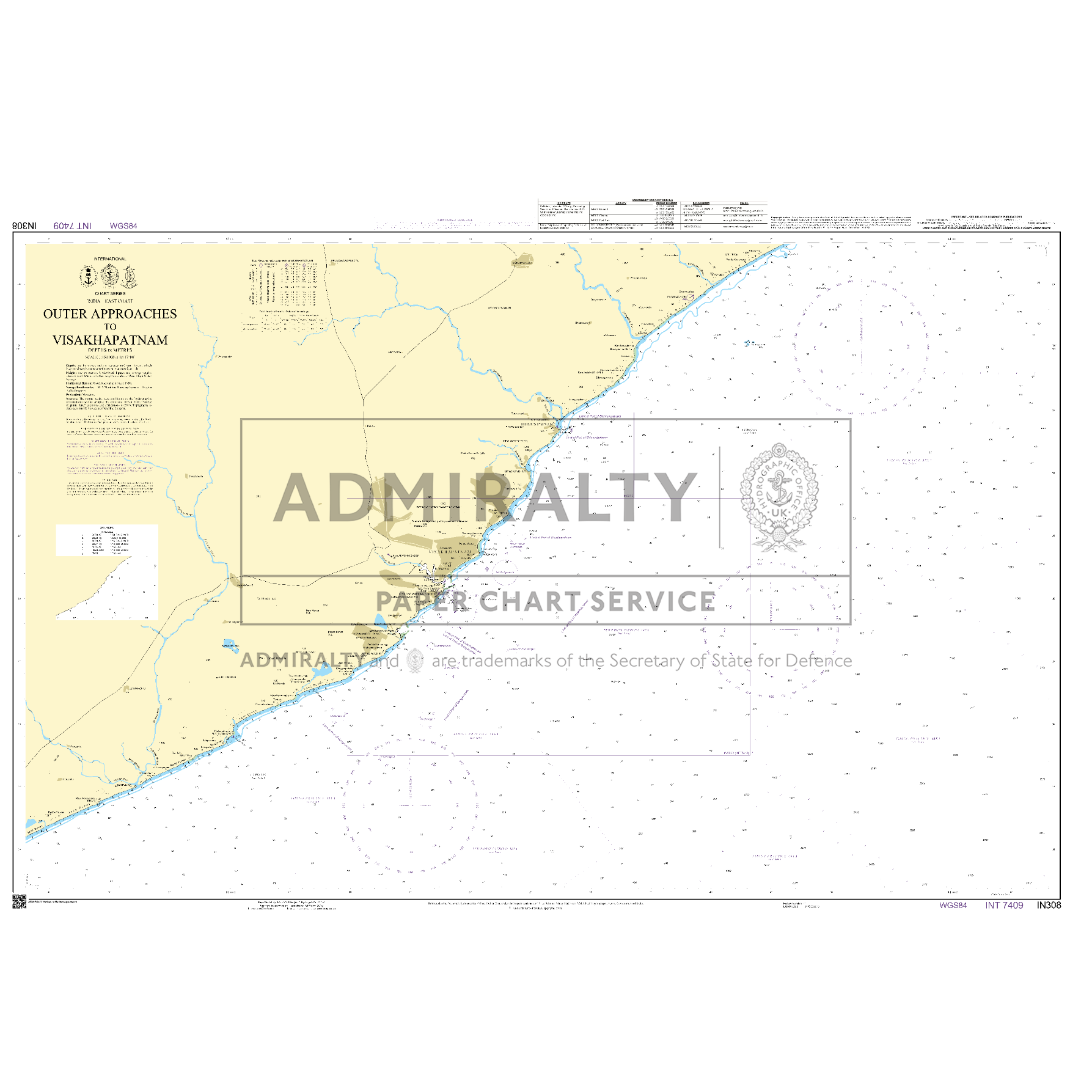 Admiralty Chart IN308: Outer Approaches to Visakhapatnam by Admiralty displays India’s east coast with coastline, depths, navigation symbols, sea routes, a title box, and United Kingdom Hydrographic Office watermark.