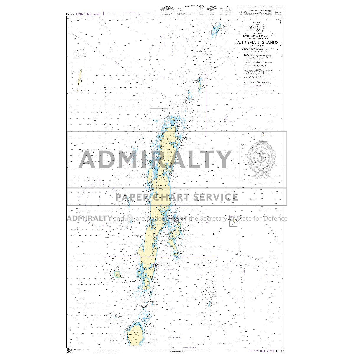 Admiralty Chart IN473: Andaman Islands by Admiralty depicts the Andaman Islands and nearby waters with navigational markings, depth contours, and place names. Features a "ADMIRALTY PAPER CHART SERVICE" watermark from the UK Hydrographic Office.
