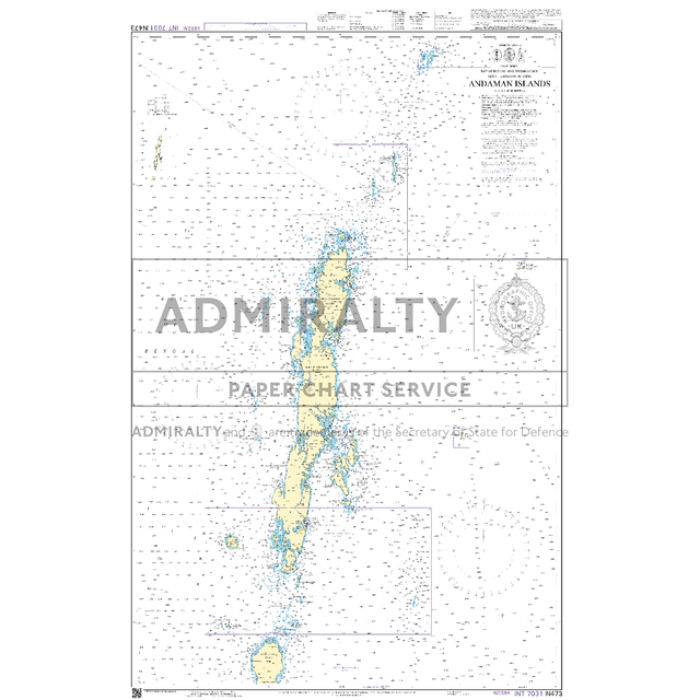 Admiralty Chart IN473: Andaman Islands by Admiralty depicts the Andaman Islands and nearby waters with navigational markings, depth contours, and place names. Features a "ADMIRALTY PAPER CHART SERVICE" watermark from the UK Hydrographic Office.