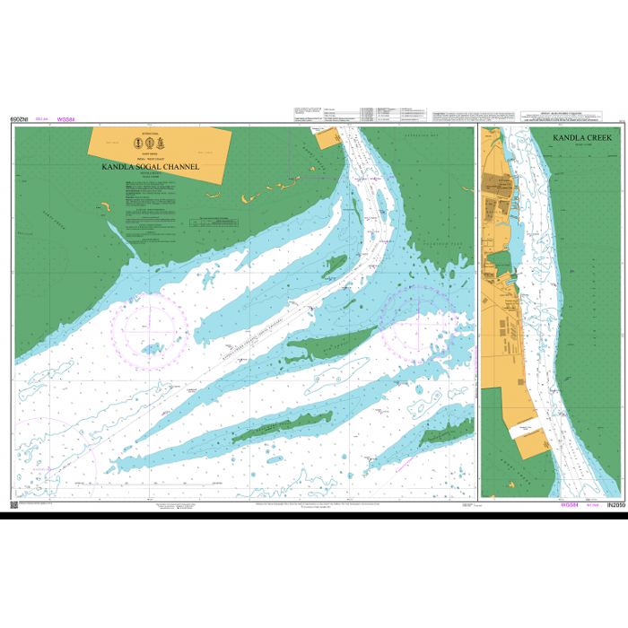 Admiralty Chart IN2059: Kandla Sogal Channel by Admiralty offers water depths, shipping routes, harbor info, and key markers in green, blue, white, and yellow for safe navigation.
