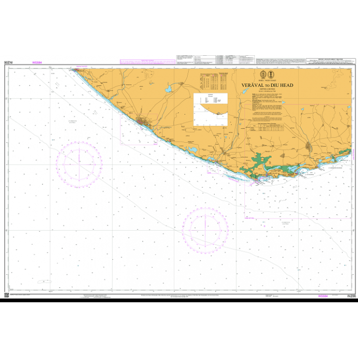 Admiralty Chart IN206: Veraval to Diu Head by Admiralty shows coastal land features, water depths, navigational symbols, and compass roses for safe navigation in compliance with SOLAS regulations.