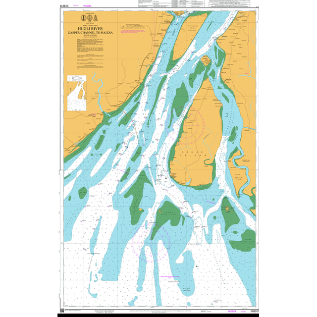 Admiralty Chart IN3011: Hugli River Gasper Channel to Haldia by Admiralty details waterways, channels, sandbanks, depths, and land areas in blue, green, and yellow for safe navigation and SOLAS compliance.