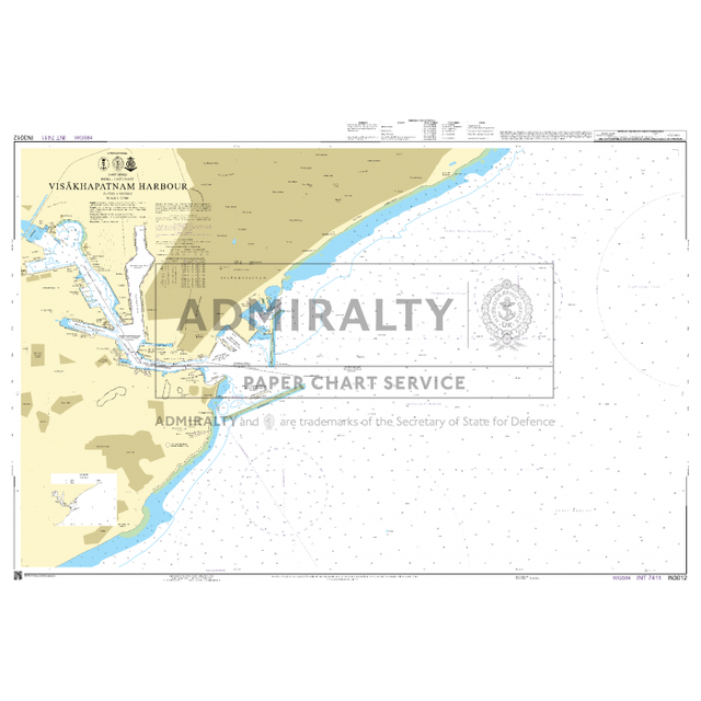 Admiralty Chart IN3012: Visakhapatnam Harbour—an official Admiralty nautical chart showing water depths, aids to navigation, and landmarks for SOLAS-compliant safe navigation. Features "Admiralty Paper Chart Service" watermark.