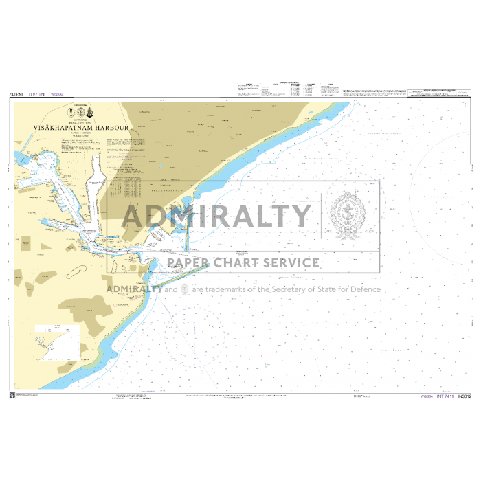 Admiralty Chart IN3012: Visakhapatnam Harbour—an official Admiralty nautical chart showing water depths, aids to navigation, and landmarks for SOLAS-compliant safe navigation. Features "Admiralty Paper Chart Service" watermark.