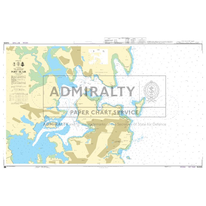 Admiralty Chart IN4006: Port Blair by Admiralty shows land in tan, water in blue and white, depth contours, nav details, and coordinates. Fulfills SOLAS regs for safe navigation. Center watermark.