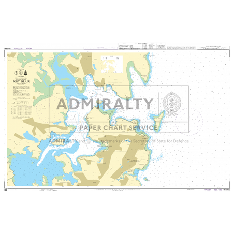 Admiralty Chart IN4006: Port Blair by Admiralty shows land in tan, water in blue and white, depth contours, nav details, and coordinates. Fulfills SOLAS regs for safe navigation. Center watermark.
