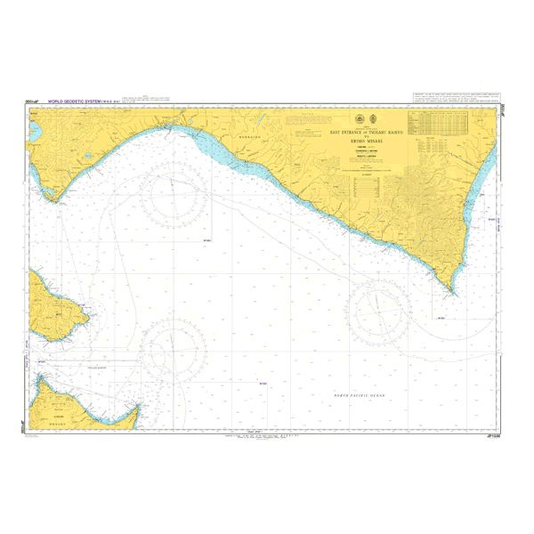 Admiralty Chart JP1030: East Entrance of Tsugaru Kaikyo to Erimo Misaki provides detailed depth data, land contours, and navigational routes for safe passage along this eastern Japan coastline.
