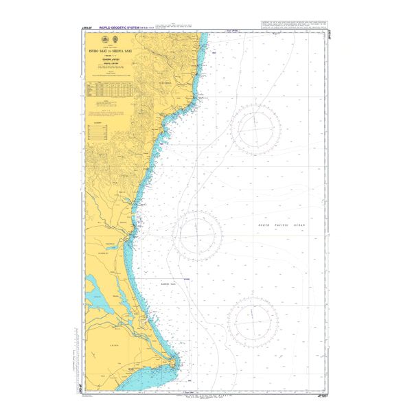 Admiralty Chart JP1097: Inubo Saki to Shioya Saki by Admiralty shows coastal features, depth markings, and navigation details compliant with SOLAS regulations on a yellow and white background.