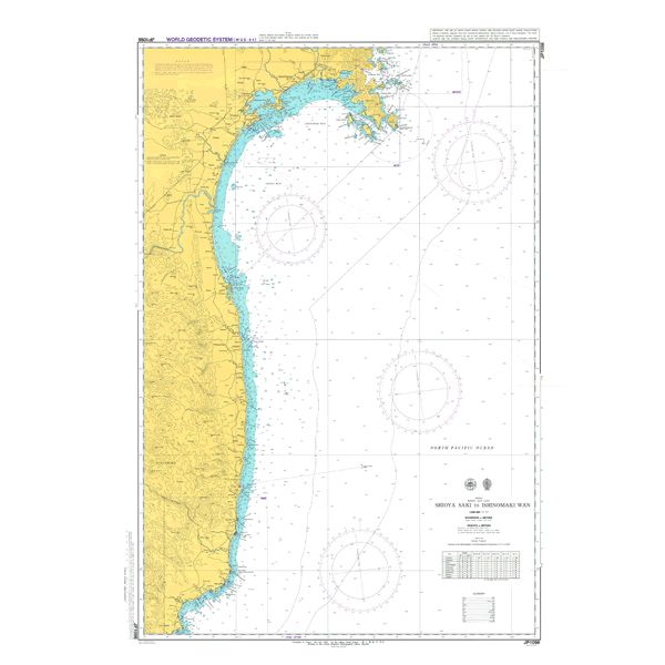 Admiralty Chart JP1098: Shioya Saki to Ishinomaki Wan is a nautical chart by Admiralty, featuring coastal details and depth markings for safe navigation, compliant with SOLAS regulations.