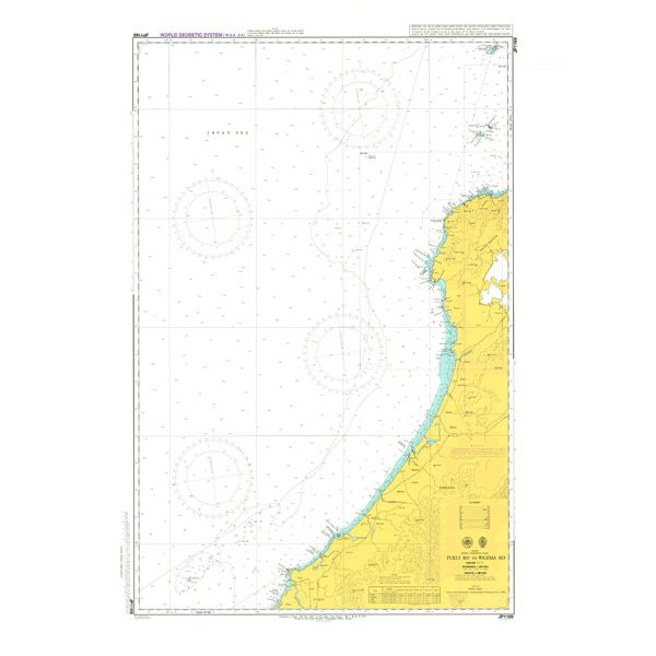 Admiralty Chart JP1169: Fukui Ko to Wajima Ko by Admiralty shows detailed depth markings, navigational routes, and coastal features. Yellow marks land, blue indicates shallow water, and white shows deeper sea for safe navigation.