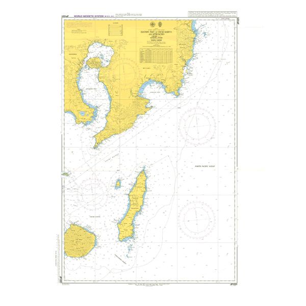 Admiralty Chart JP1221: Eastern Part of Osumi Kaikyo and Approaches by Admiralty displays detailed coastlines, shipping routes, water depths, and navigation aids with clear yellow-blue markings and precise notations for safe passage.
