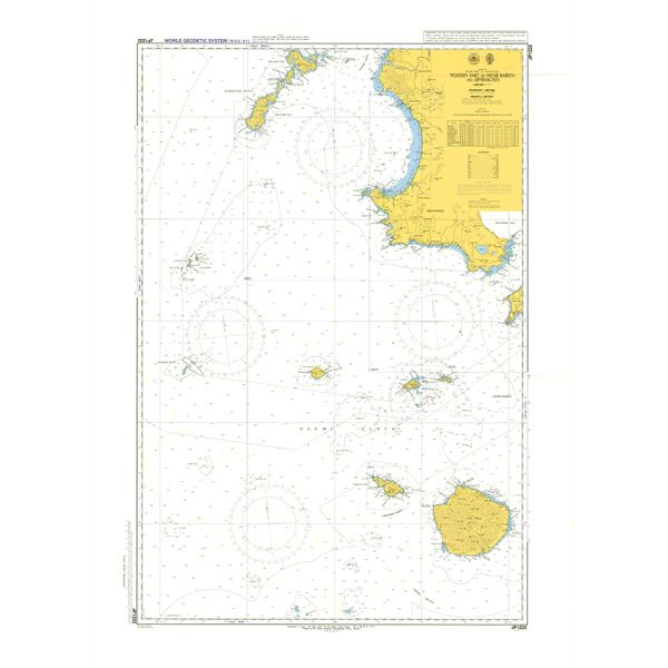 Admiralty Chart JP1222: Western Part of Osumi Kaikyo and Approaches shows detailed water depths, shipping routes, coastal outlines, plus a yellow inset with map information and legend for safe navigation. Brand: Admiralty.