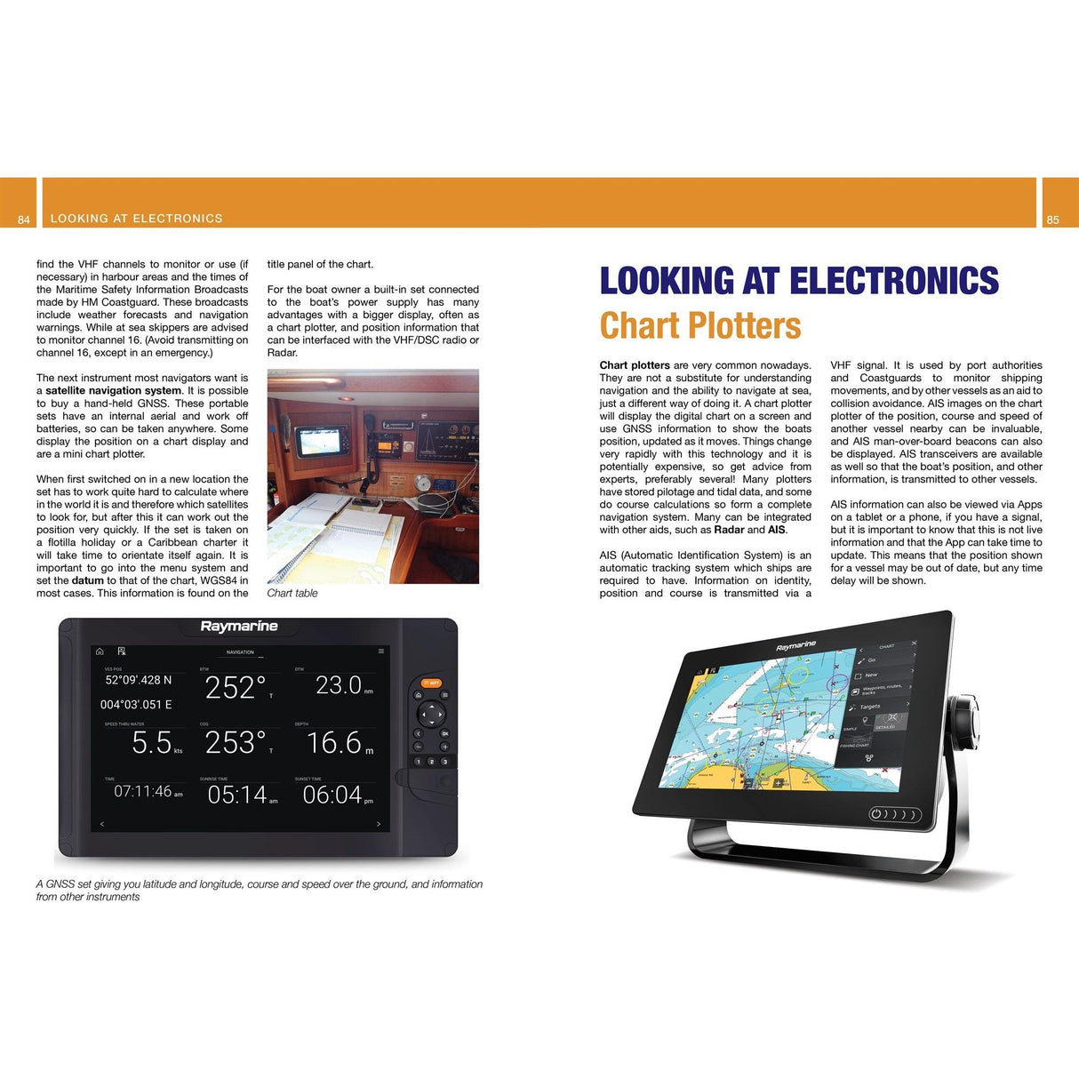A magazine page titled "Looking at Electronics" showcases images and text about chart plotters, essential for RYA Yachtmaster Instructors. Featuring the book "Navigation: A Newcomer's Guide" by Fernhurst Books, two devices display maps and data against a wooden navigation station backdrop.