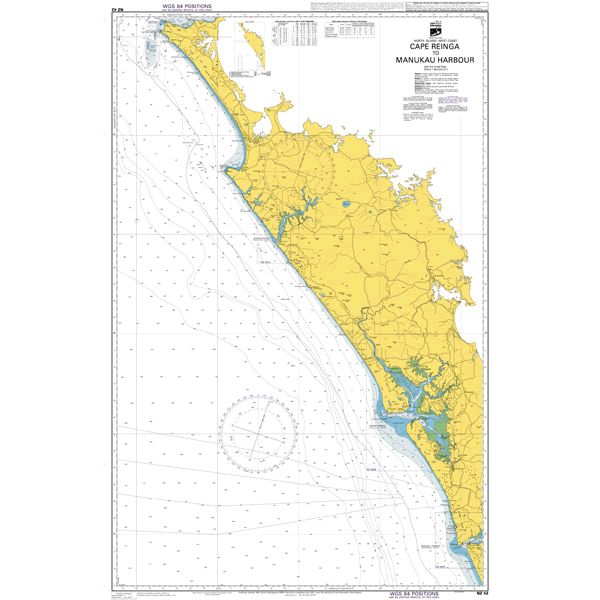 Admiralty Chart NZ42: Cape Reinga/Te Rerenga Wairua to Manukau Harbour by Admiralty shows coastline and offshore waters, uses standard chart conventions with land in yellow, sea in white/blue, navigational markings, and place names.