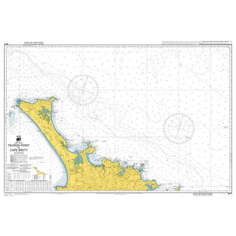Admiralty Chart NZ51: Tauroa Point to Cape Brett by Admiralty displays coastline in yellow, waters in white with depth markings, navigation aids, grid lines, and features the title and scale at the bottom left corner.