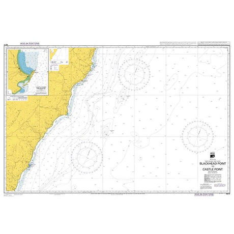 Admiralty Chart NZ57: Blackhead Point to Castlepoint by Admiralty shows the coastline, sea areas, depth contours, navigation aids, and features an inset harbor map in the upper left corner.