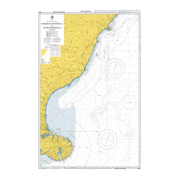 Admiralty Chart NZ63: Kaikoura Peninsula to Banks Peninsula by Admiralty, follows UKHO standards with yellow land, blue/white ocean, navigation markings, coastal outlines, and detailed geographic info.