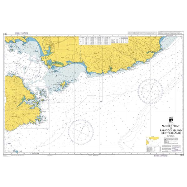 Admiralty Chart NZ68: Nugget Point to Rarotoka Island by Admiralty features coastal outlines in yellow, water depths, navigation markers, and detailed maritime data for safe navigation around New Zealand.