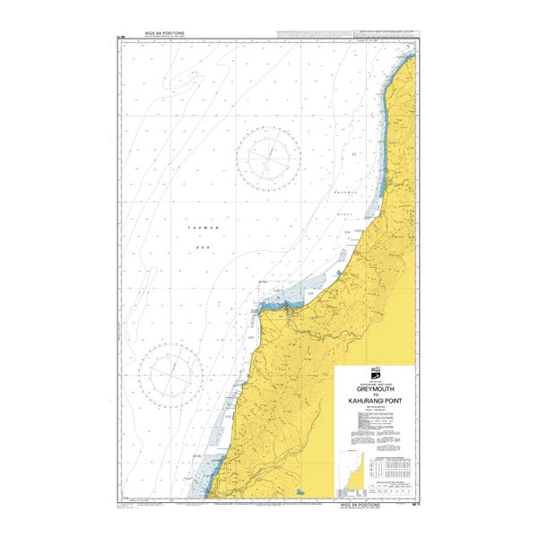 Admiralty Chart NZ71: Greymouth to Kahurangi Point by Admiralty shows coastline, ocean, depth markings, navigational symbols, and land contours in the area. Produced by the United Kingdom Hydrographic Office.