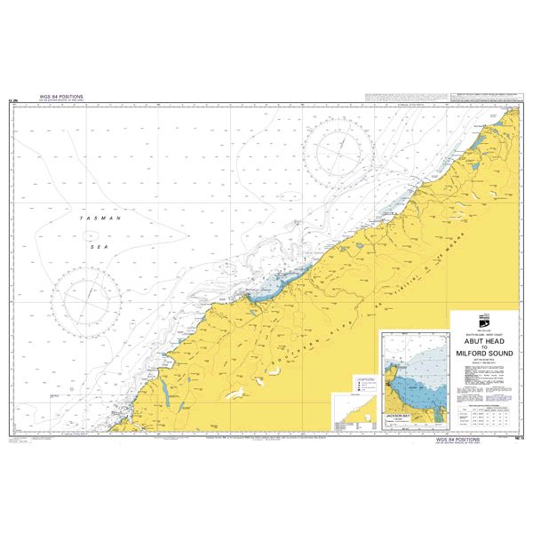 Admiralty Chart NZ73: Abut Head to Milford Sound (Admiralty) shows the southwestern New Zealand coast, including coastline, Milford Sound, water depths, navigation markers, an inset map, and labeled marine features.
