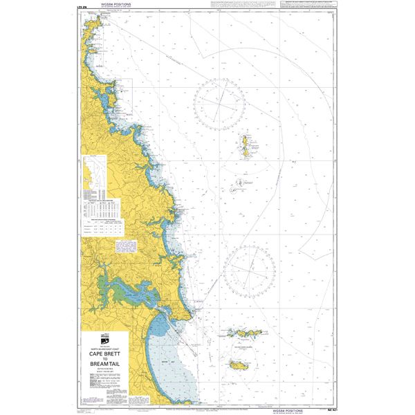 Admiralty Chart NZ521: Cape Brett to Paepae-O-Tu/Bream Tail by Admiralty shows the eastern coast of New Zealand’s North Island with coastal land in yellow, depth markings, navigation lines, and Admiralty Standard Nautical Chart symbols.