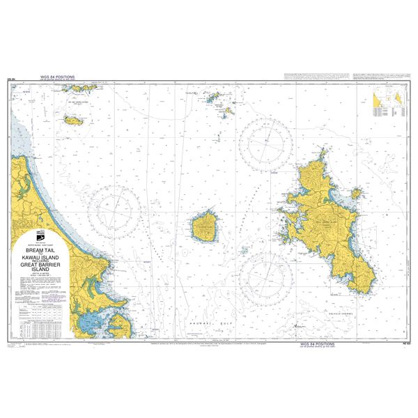 Admiralty Chart NZ522 by Admiralty shows the coastal waters from Paepae-O-Tu / Bream Tail to Kawau Island, including Great Barrier Island (Aotea Island), with land in yellow and navigation markings in white and blue.