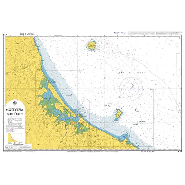 Admiralty Chart NZ541: Mayor Island (Tuhua) to Okurei Point by Admiralty displays coastline, water depths, navigation markers, and islands. Land areas are shaded yellow; water is shown in blue and white with detailed coastal features.