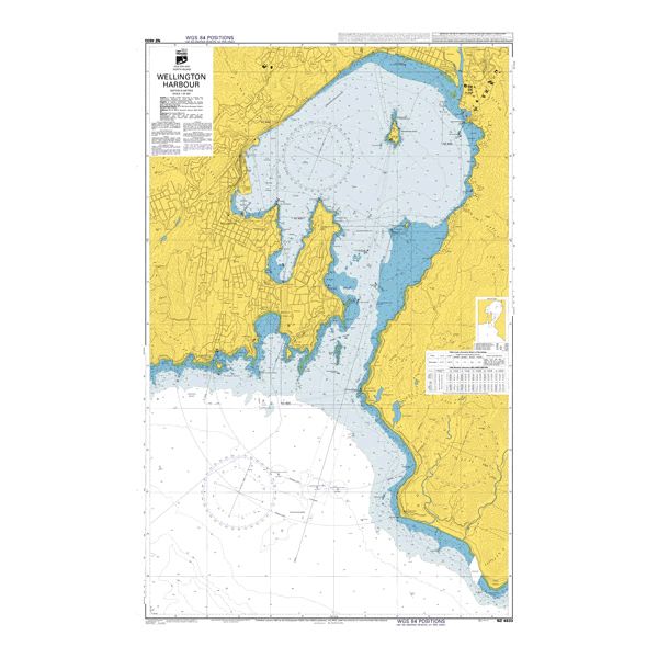 Admiralty Chart NZ4633: Wellington Harbour by Admiralty displays coastal outlines, water depths, and navigation marks. Part of the ADMIRALTY Standard Nautical Charts series, it shows land in yellow and water in blue/white for safe navigation.