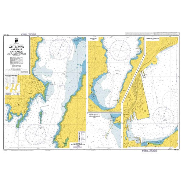 Admiralty Chart NZ4634: Wellington Harbour Entrance and Plans of Wharves by Admiralty shows coastal outlines, water depths, navigation routes, and port facilities to support safe navigation and SOLAS compliance. Insets detail key areas.