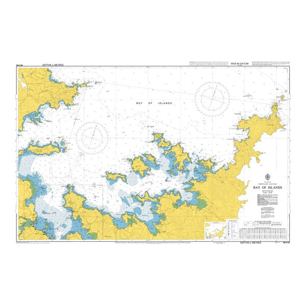 Admiralty Chart NZ5125: Bay of Islands shows land in yellow, water in white/blue, navigation markers, depth contours, nautical details, and commercial shipping routes. Title and legend appear at the bottom right. Brand: Admiralty.