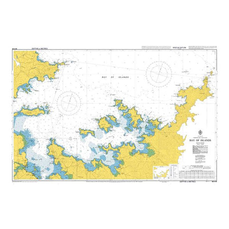Admiralty Chart NZ5125: Bay of Islands shows land in yellow, water in white/blue, navigation markers, depth contours, nautical details, and commercial shipping routes. Title and legend appear at the bottom right. Brand: Admiralty.