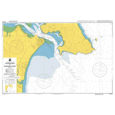 Admiralty Chart NZ5214: Marsden Point by Admiralty offers detailed coverage of Marsden Point and nearby coasts, featuring yellow land, blue water depth gradients, navigation markers, and compass roses for safe navigation.