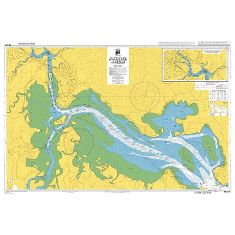 Admiralty Chart NZ5215: Whangarei Harbour by Admiralty offers detailed coverage of the harbour, showing waterways, navigation aids, safe depths, and coastal land in yellow and green with clear labels and insets.