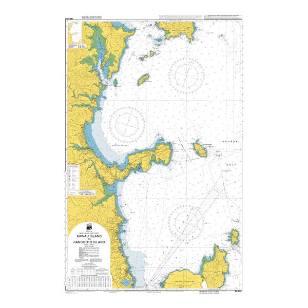 Admiralty Chart NZ5321: Mahurangi Harbour to Rangitoto Island by Admiralty shows coastlines, depths, and navigation markers with land in yellow and sea in blue/white, supporting safe navigation under SOLAS regulations.