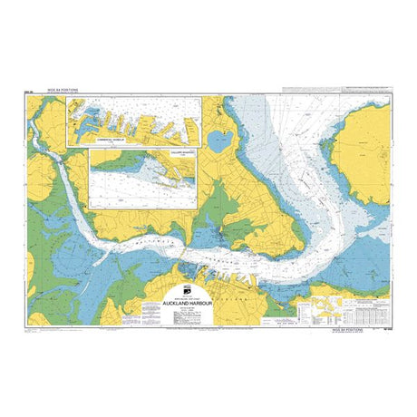 Admiralty Chart NZ5322: Auckland Harbour East by Admiralty details water depths, navigation routes, land, and port facilities. Insets show marinas; colors mark land, shallow, and deep waters for SOLAS compliance.
