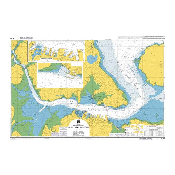 Admiralty Chart NZ5322: Auckland Harbour East by Admiralty details water depths, navigation routes, land, and port facilities. Insets show marinas; colors mark land, shallow, and deep waters for SOLAS compliance.