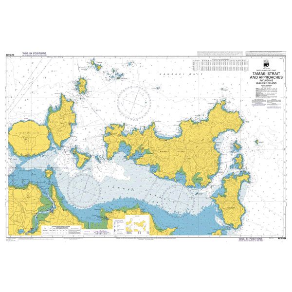 Admiralty Chart NZ5324: Tamaki Strait and Approaches Including Waiheke Island by Admiralty displays land in yellow, water in blue, navigational markings, depth contours, coordinates, and detailed labels for safe navigation.