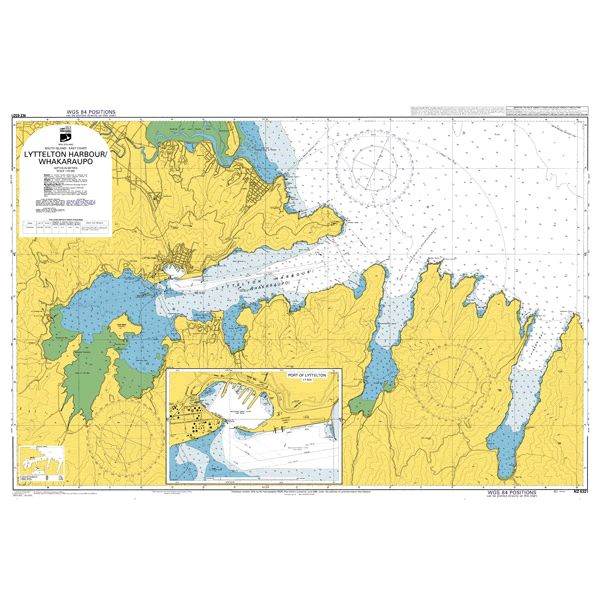 Admiralty Chart NZ6321: Lyttelton Harbour/Whakaraupo by Admiralty displays water depths, navigation aids, shipping routes, land contours, and a detailed harbor inset. Land is yellow; water is blue—ideal for navigation.